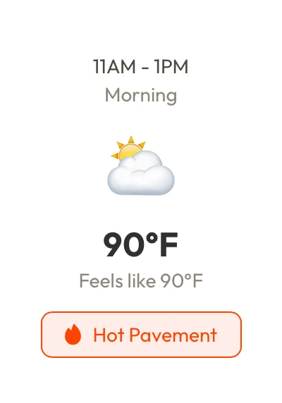 11AM to 1PM, Morning. 90 degrees, feels like 90. Hot Pavement.